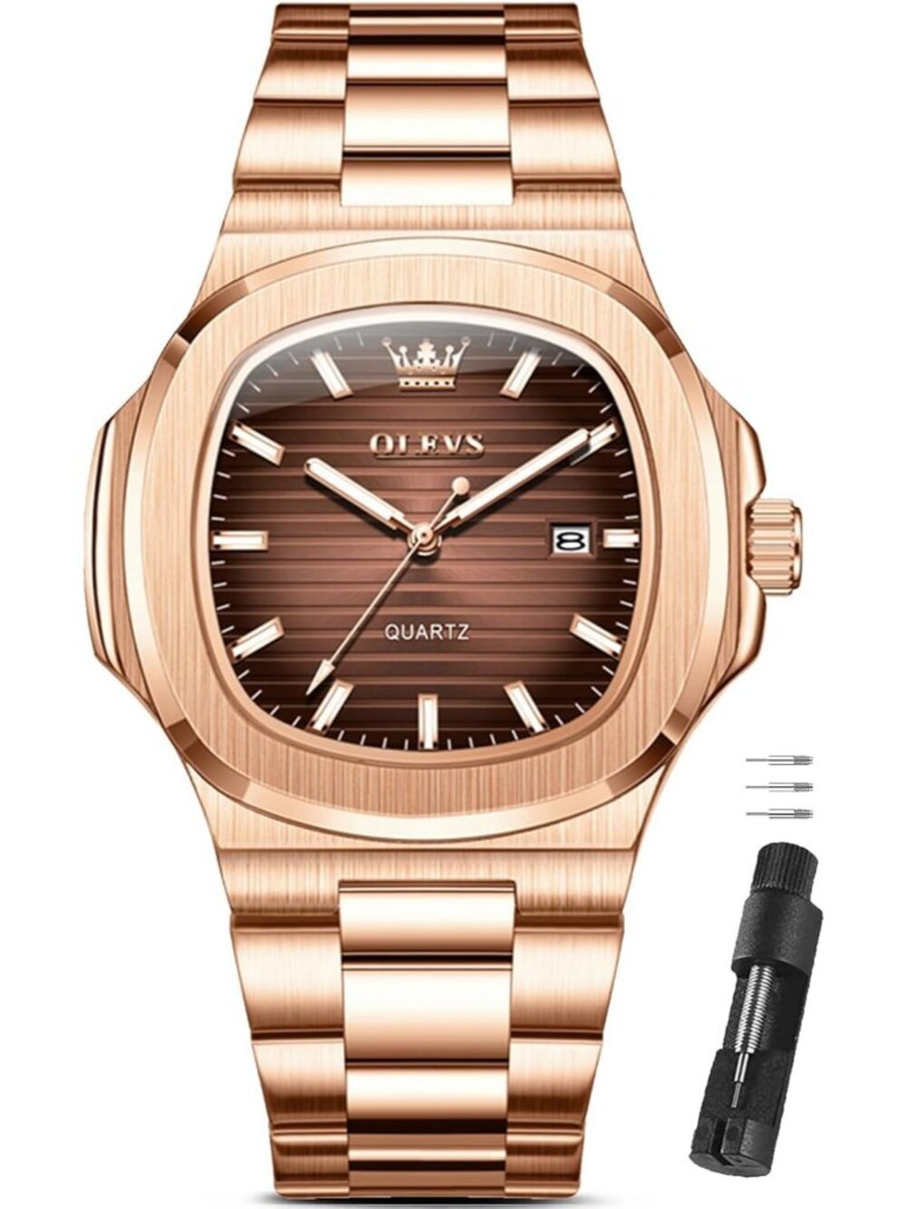 Men's Rose Brown Luxury Stainless Steel Octagon Analog Quartz Waterproof Watch